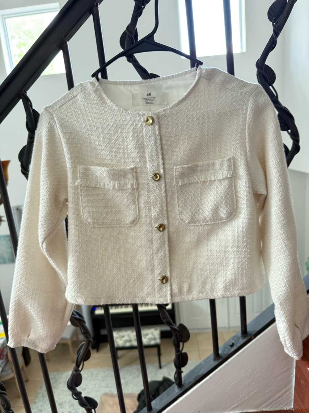 H&M Cream Textured Tweed Gold-Button Crop Jacket